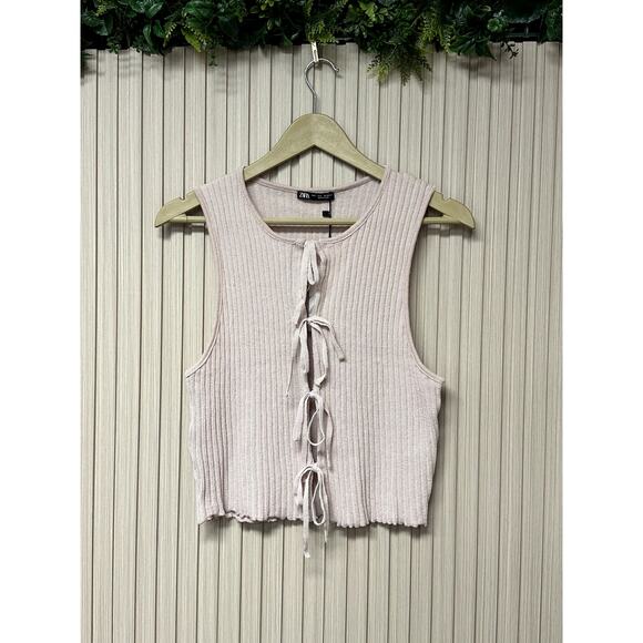 ZARA Sleeveless Ribbed Tie Front Top Sz L Women's Top - Picture 2 of 8